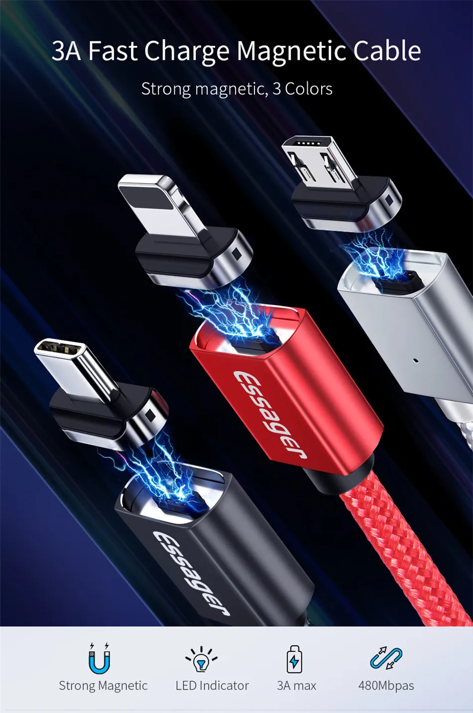 Essager 1/2/3 м Магнитная Micro USB кабель для передачи данных для iPhone Android Тип-Док-станция с usb зарядка магнит Зарядное устройство адаптер Тип USB c телефонных кабелей