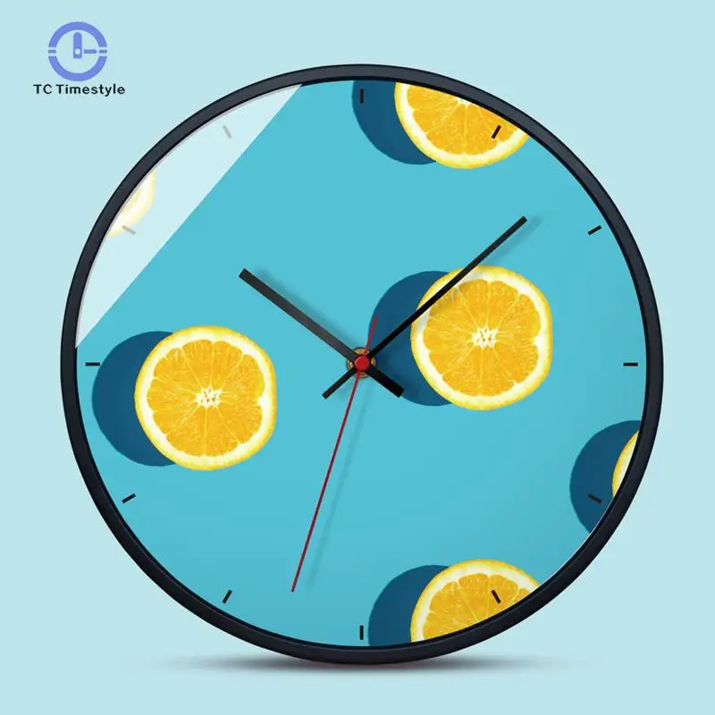 

12 Inch Modern Art Wall Clock Nordic Creative Painting Fruits Wall Watch Metal Frame Living Room Home Decoration