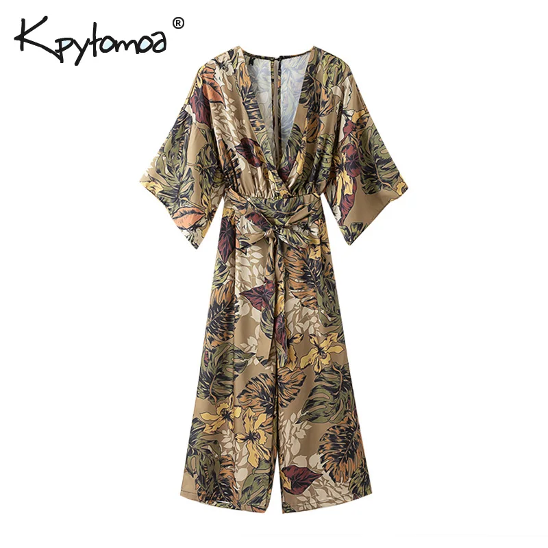 

Vintage Ethnic Flower Printed Kimono Jumpsuit Women 2019 Fashion Loose Wide Leg Pants Sashes Playsuits Casual Rompers Femme