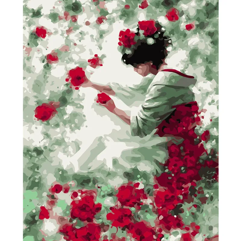 

Painting By Numbers DIY Dropshipping 40x50 60x75cm Red flower little girl Figure Canvas Wedding Decoration Art picture Gift