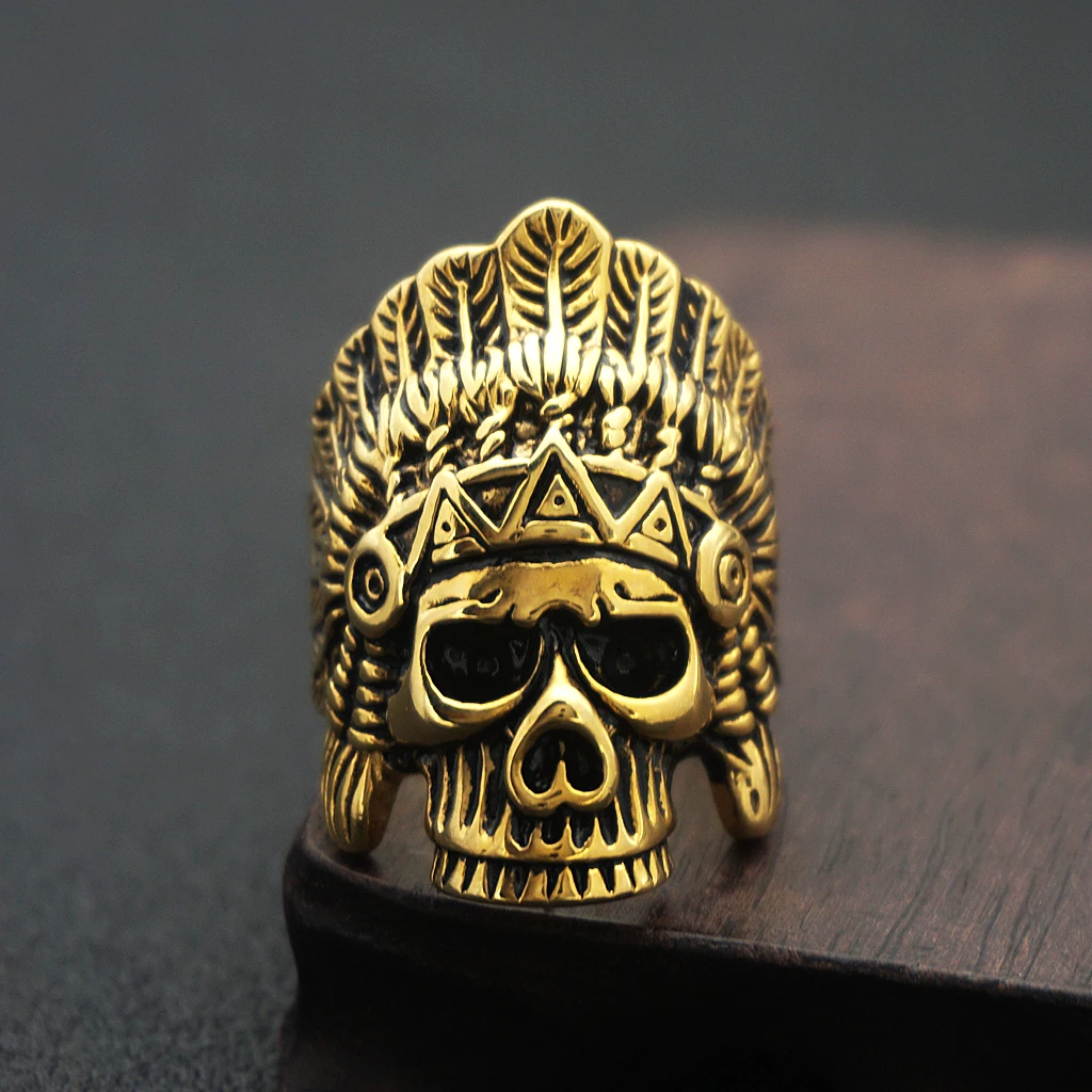 Indian Chief Skull Ring Gold Stainless Steel Rings Native American Ring Men\`s Gothic Punk Rock Biker Size 7 - 13 