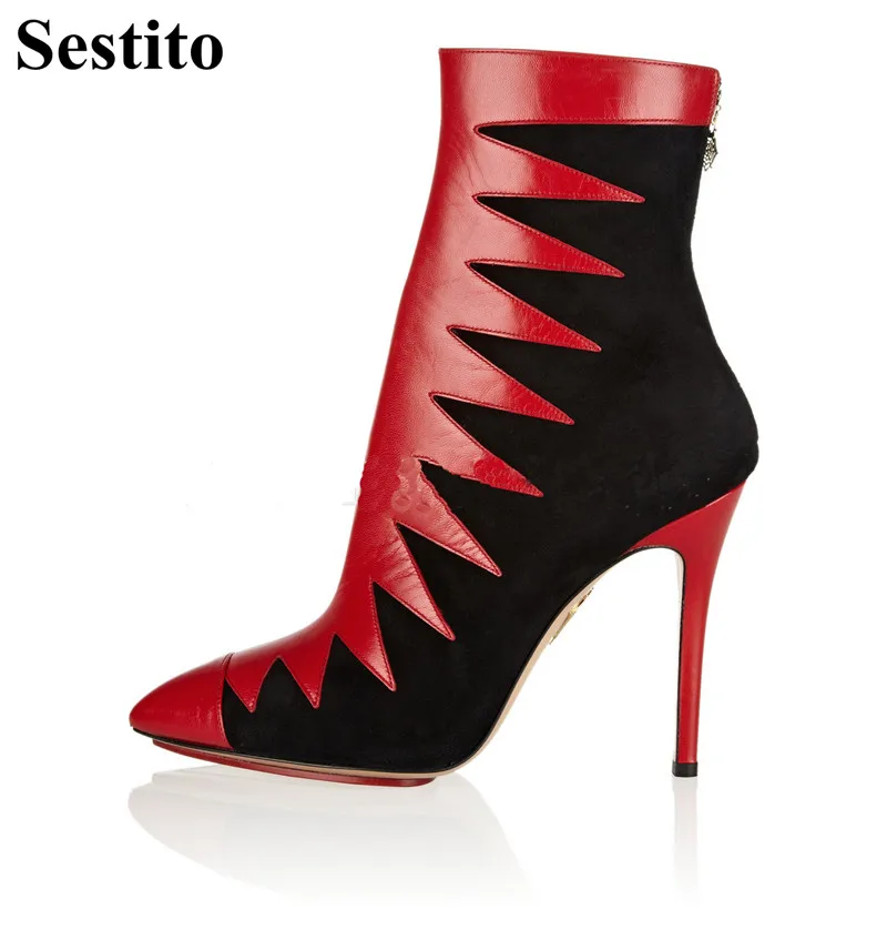 

European Fashion Patchwork Red Flock Pointed Toe Woman Boots Ankle Boots For Women Super High Thin Heels Zip Autumn Women Shoes