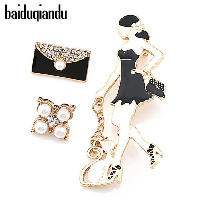 

baiduqiandu New Arrival Pack of 3 Pieces Pretty Lady's Cat and Handbag Set Chain Brooch Pins Women Girls Accessories
