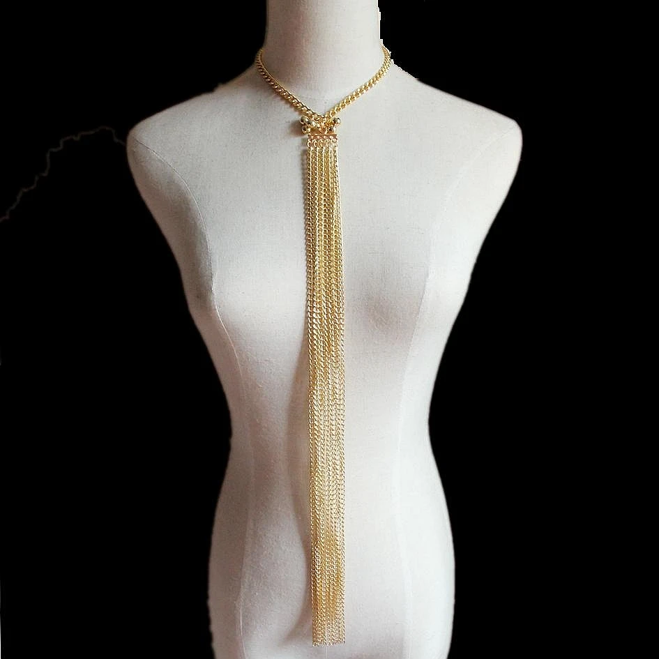 

CirGen Fashion Gold Color Long Body Choker Multi layer Chains Tassel Beads Pendant Women collar Statement Necklace Jewelry,E20