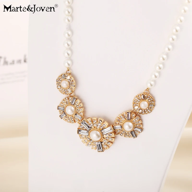 

Marte&Joven Rhinestone Round Pendants Simulated Pearl Strand Necklaces for Women Luxury Beads Chains Choker Statement Necklace
