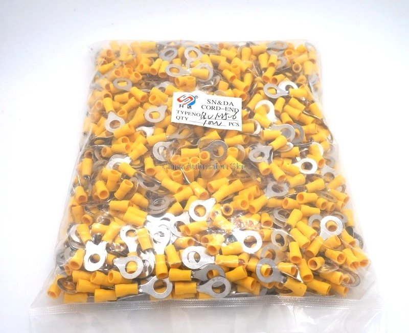 1000pcs RV1.25 6 0.25 1.65mm^2 Crimp terminals Red Ring Terminal Brass