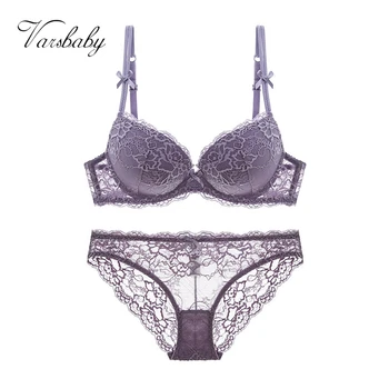 

Varsbaby gathered lace sexy push up solid bra set women underwear