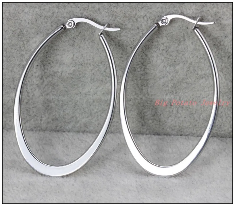 

Wholesale/Retail!Fashion Classic Womens Girls Jewelry 316L Stainless Steel Silver Big Oval Hoop Earrings Anti Allergic Not Fades