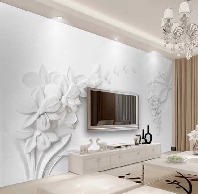 Bacaz Living Room HD Embossed White Flowers Wallpaper Mural Background