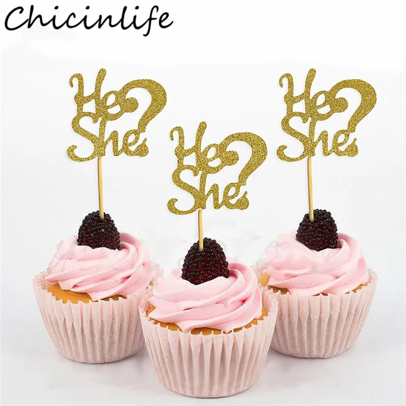 

Chicinlife 5Pcs Gold He Or She Cupcake Toppers Boy Girl Birthday Party Baby Shower Gender Reveal Party Cake Decoration Supplies