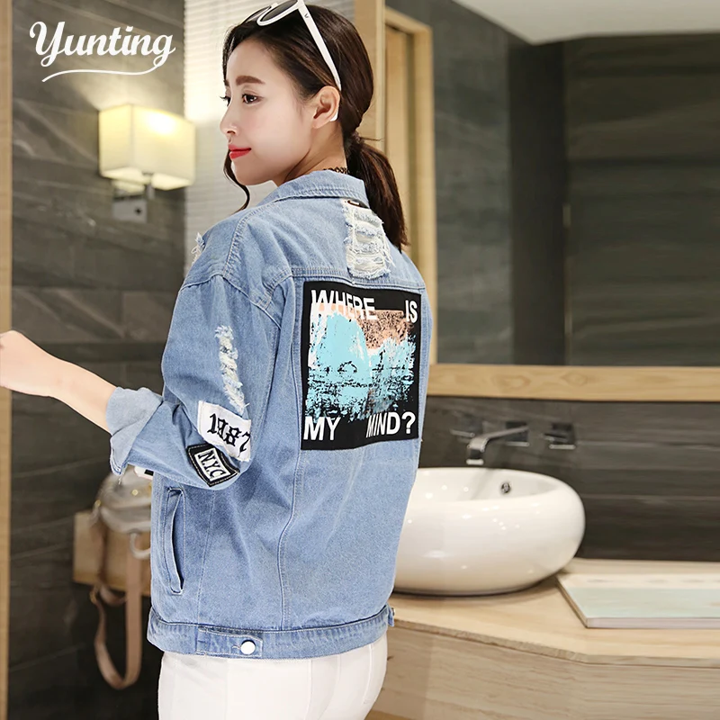 

2019 Spring Autumn Washed Long Sleeve Denim Jacket Ripped Hole Women Jeans Coat Print Jackets Fashion Female Outerwear