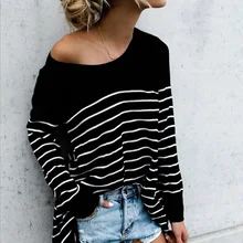 Модные женские туфли футболки с круглым вырезом и длинными рукавами Топы с открытыми плечами полосатая футболка асимметричной Повседневное Топы туники черный/белый