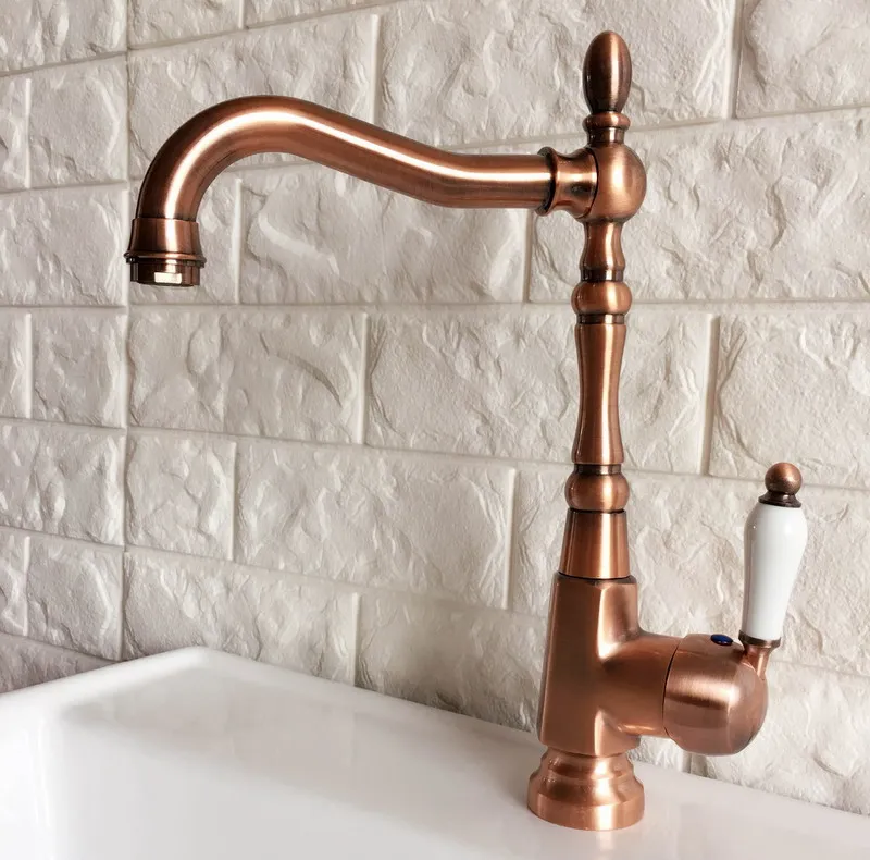 Antique Red Copper Brass Bathroom Kitchen Basin Sink Faucet Mixer Tap Swivel Spout Single Handle One Hole Deck Mounted mnf416