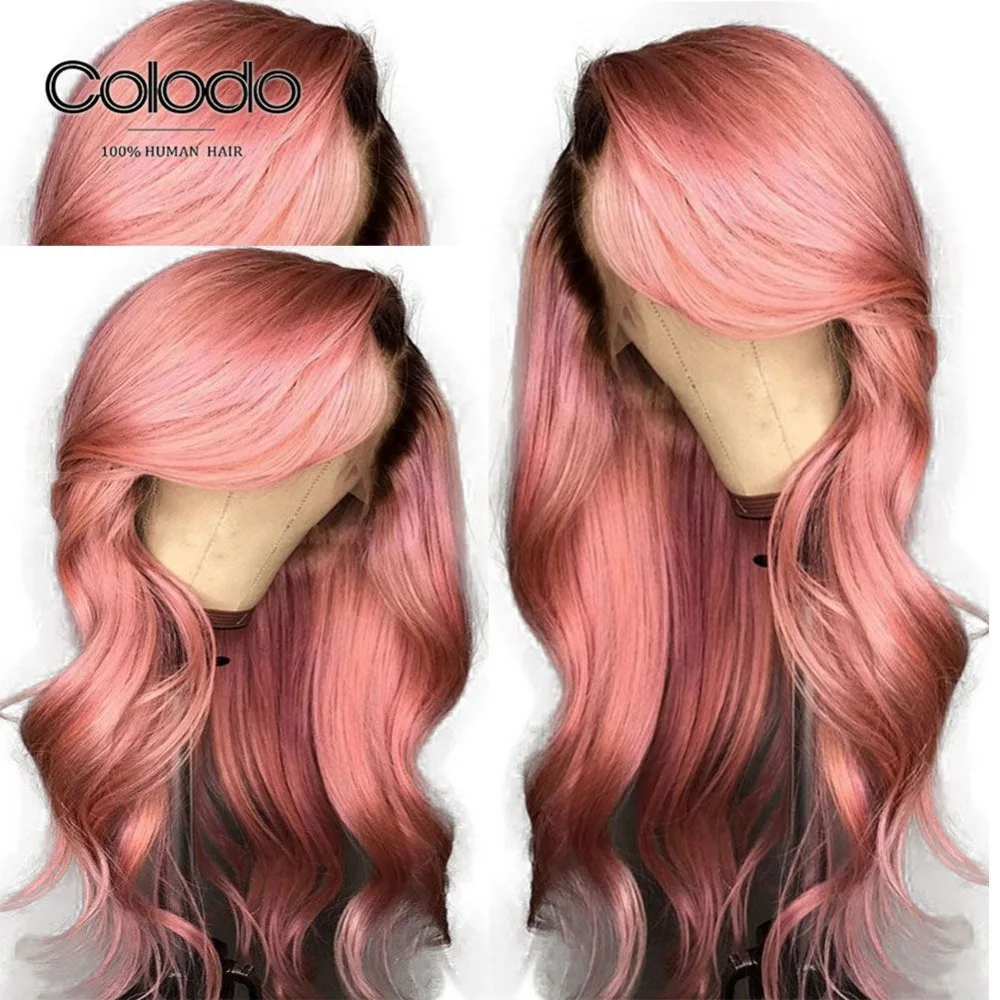 

COLODO Pink Color Human Hair Wig 150% Density Lace Wigs Brazilian Remy Hair Loose Wave Glueless Lace Front Wigs with Baby Hair
