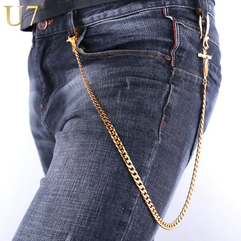 

U7 Brand Hip Hop Waist Biker Chain Belt Gold Color Rock Punk Trousers Jean Motorcyle Men Jewelry Cross Jusus Pants Chains J001