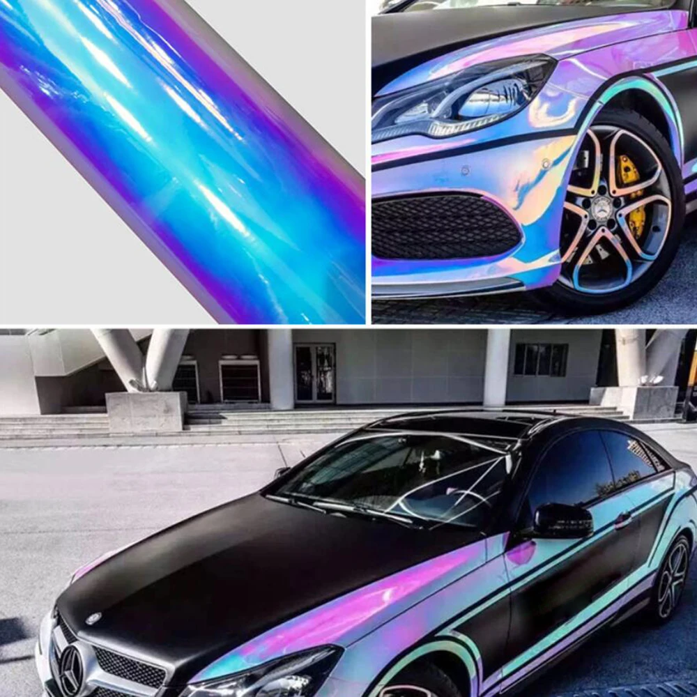 

White Holographic Rainbow Chrome Car Vinyl Wrap Air Bubble Free Stickers Decor Self Adhesive Waterproof Lettering Film 1.38x8m