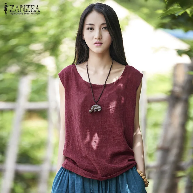 

ZANZEA Summer Vintage Sleeveless Blouse Tops Plus Size Tank Tops Casual Sleeveless Solid Loose Cotton Blouses Blusas Femininas