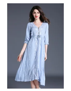 

2017 V-Neck Summer Black Or Sky Blue Autumn High Qualit New Fashion Loose Embroidery Bohemian Style Long Style Dress