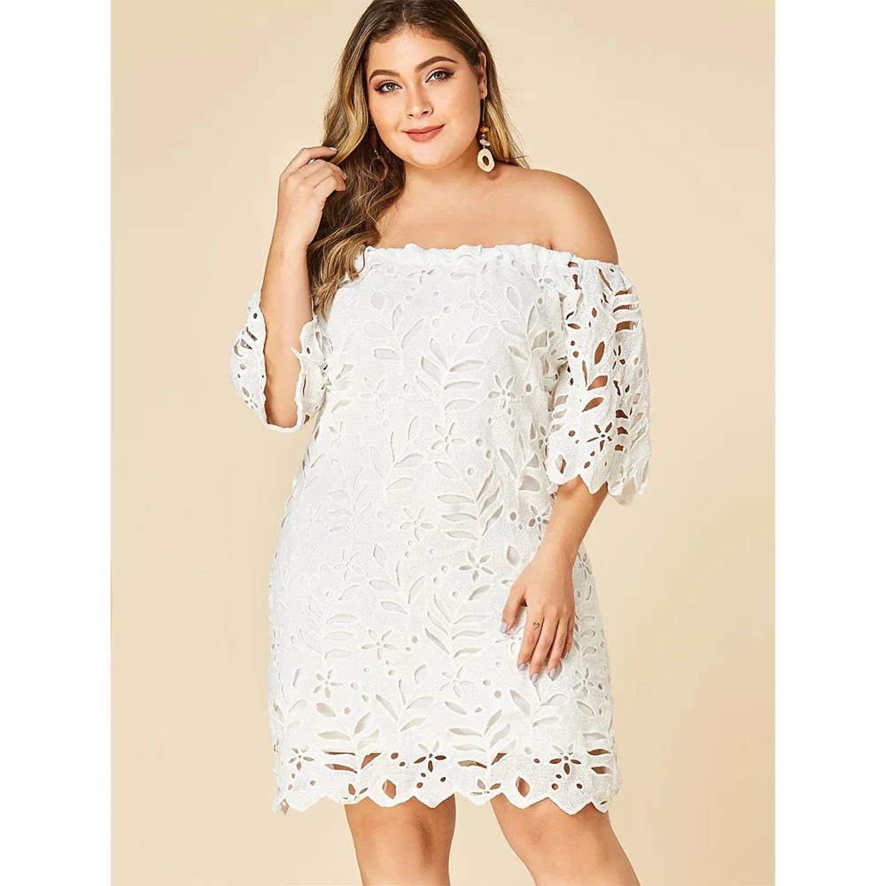 

Women Dress Plus Size Lace Sexy Off Shoulder Floral Hollow Out Elegant White Short Dress Evening Party Lady Dresses L-6XL H40