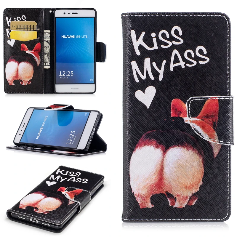 

New Colored Drawing PU Leather Cases for Huawei P9 Lite VNS-TL00 G9 Kickstand Flip Mobile Phone Cases with Wallet Card Holders