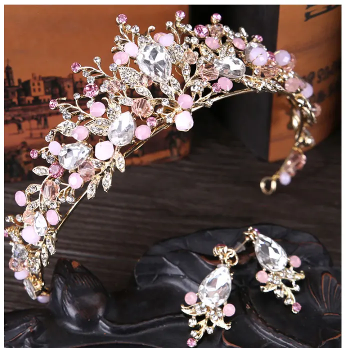 Pink Gold Pearl Bridal Crowns Tiara Bride Headband Crystal Wedding Diadem Queen Crown,Pink Crown