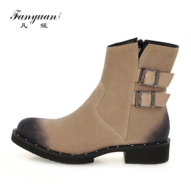 

fanyuan New Mixed Colors Rivet Motorcycle Boots Winter Women Shoes belt Double buckle Martin Boots Flat Zipper Ankle Boots