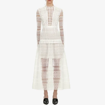 

Luxury Lace Dress 2019 Early Spring Vintage Long Sleeve Ladies White Dress Cutout Lace Maxi Dress Elegant Party Dress Vestidos
