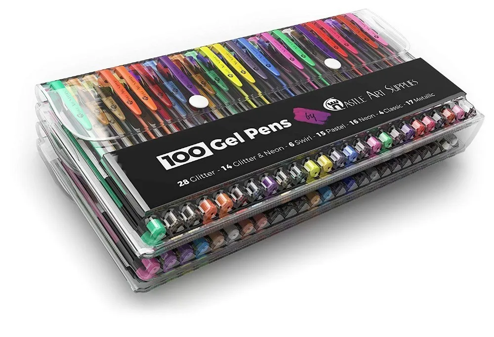 HuiQin 100 Gel Pen Set with Case for Kids or Adult Drawing Writing- Kit Includes Metallic Glitter and Neon Smooth Fine Tip Gels