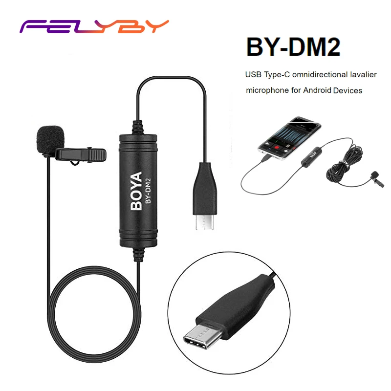 

FELYBY BY-DM2 Lavalier Clip-on Microphone with Type-C Input for Android Smartphones Huawei Mate 10 Samsung Galaxy Note 9 8 Plus