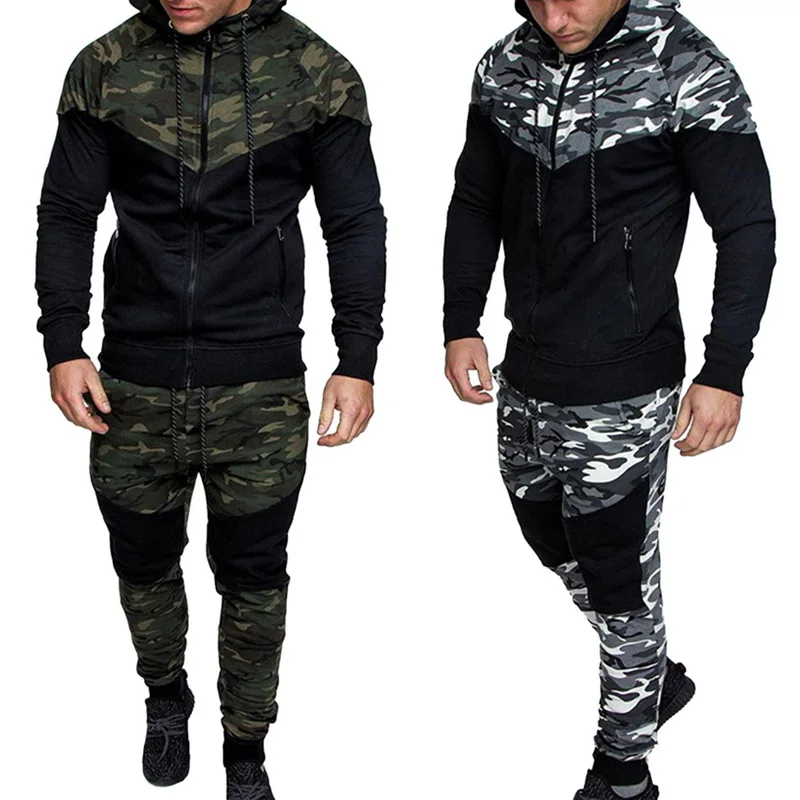 Puimentiua Men Camouflage Print Set Jacket+Pants Male 2Pc Casual Tracksuit Sportwear Hoodies Sweatshirt&Pant Suit Plus Size 3xl