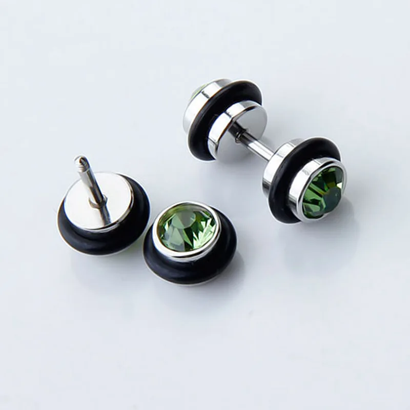 Pack of 2 Mens Stud Earring with Stainless Steel Green Crystal Fake