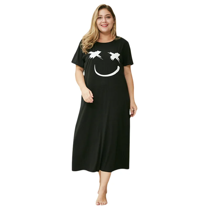 

WHZHM Summer Plus Size 3XL 4XL Black O-Neck Dress Women Printed Loose Party Short Sleeve Jurk Casual Cotton Beach Dress Ladies