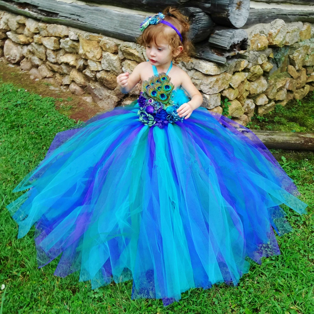 Elegant Princess Girl Peacock Dress for Kids Christmas Halloween Cosplay Tutu Dress Costume Flower Girl Feather Wedding Dress (2)