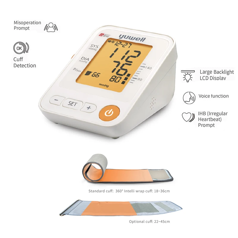 

YUWELL English Voice Backlight LCD digital Arm type blood pressure monitor with 80X2 group memories Electronic Sphygmomanometers