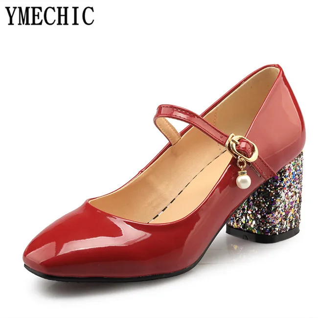 Женские туфли лодочки YMECHIC 2018 на высоком массивном каблуке с кристаллами и