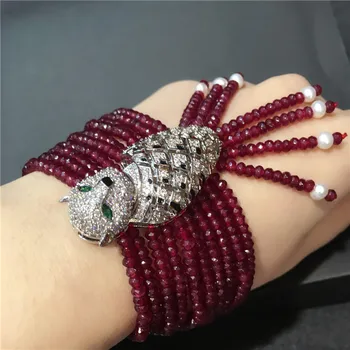 

Handmade leopard head micro inlay zircon clasp purple stone multi-rows tassel bracelet gift box packing