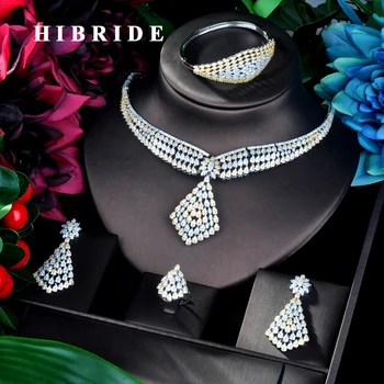 

HIBRIDE Fashion Design Pendant Double Tone Dubai Big Jewelry Set CZ Earrings Necklace Women Bridal Jewelry Set Party Gifts N-902