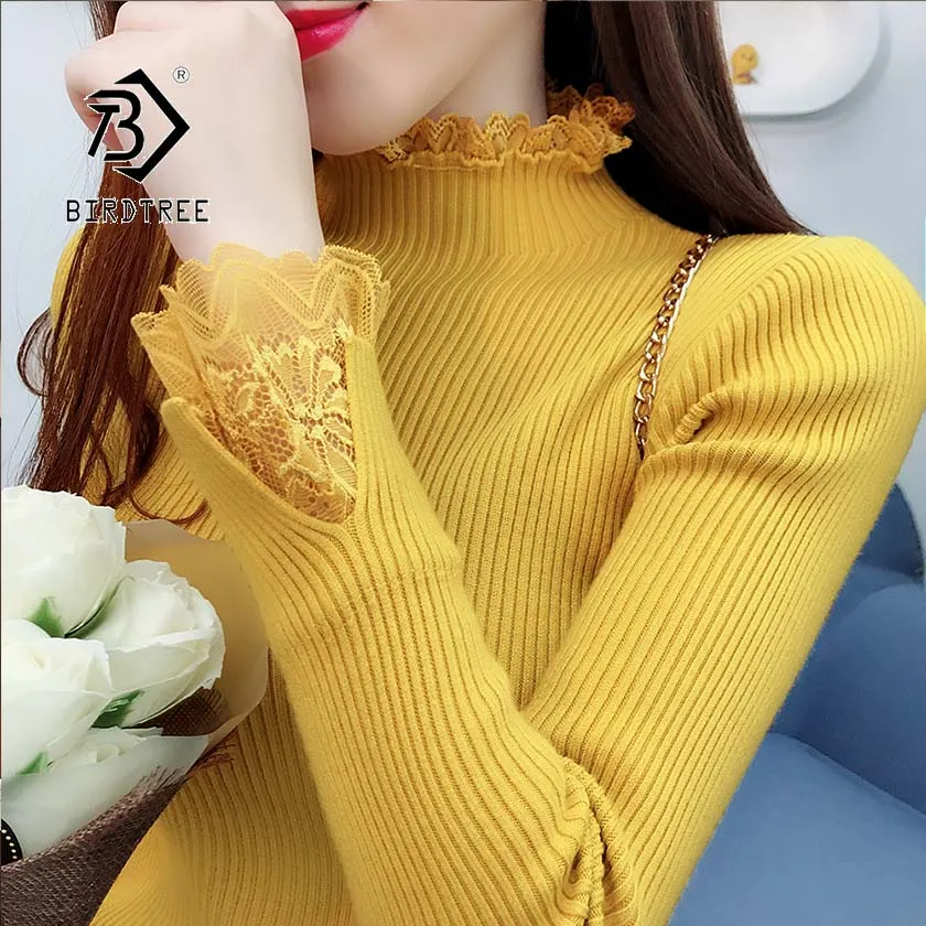 

2019 Autumn New Women's Bottoming Pullovers Sweater Lace Spliced Turtleneck Full Sleeve Slim Tight Sweet Casual Tops T97603D