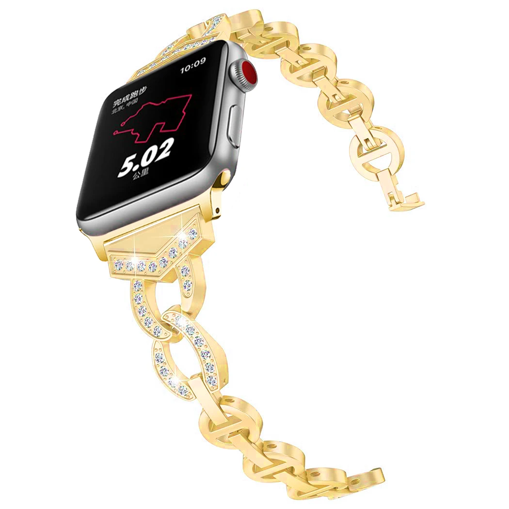 Gold (VO) Для женщин часы с бриллиантовым браслетом Band для Apple Watch, 38, 42 мм, 40/44 мм Нержавеющая сталь ремешок для наручных часов iWatch серии 4, версия 1, 2, 3, ремешок на запястье - Цвет ремешка: Gold (VO)