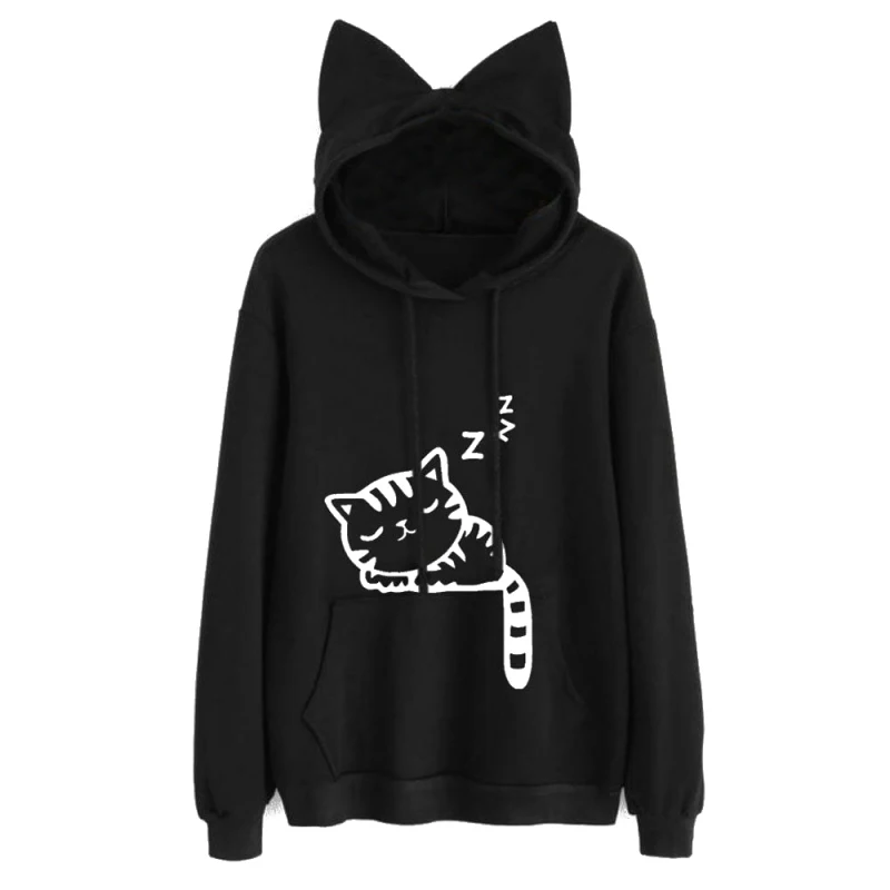 Fashion Cat Ear Hooded Sweatshirts Tops Womens Cat Printed Long Sleeve Hoodies Pullovers W4 Fashion Cat Ear Hooded Sweatshirts Tops Womens Cat Printed Long Sleeve Hoodies Pullovers W4