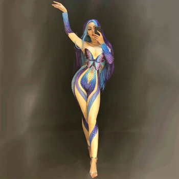 

Female Costume Blue Butterfly Rhinestones Jumpsuit Sexy Stretch Crystals Bodysuit Singer Dancer Stage Performance Wear Set DT364
