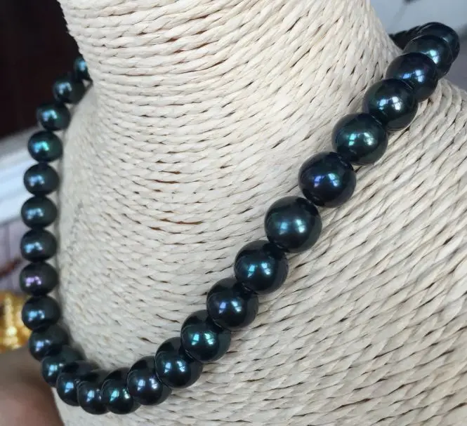 

stunningAAA 10-11mm freshwater peacock green pearl necklace 925silver