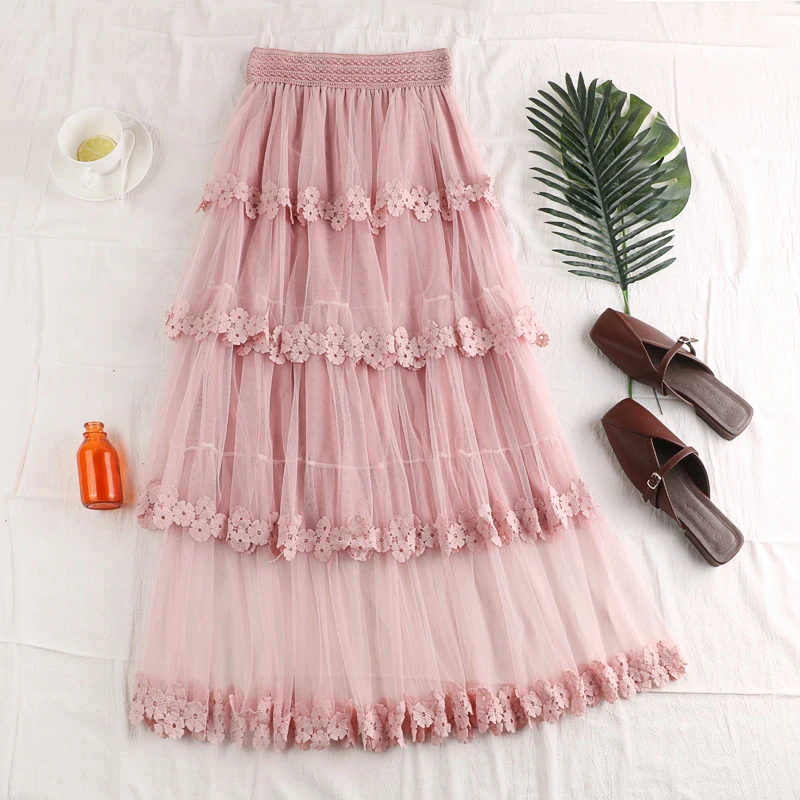 Spring Layered Lace Tulle Maxi Skirt Korean Fashion High Waist Pleated Skirt Women Elegant Long