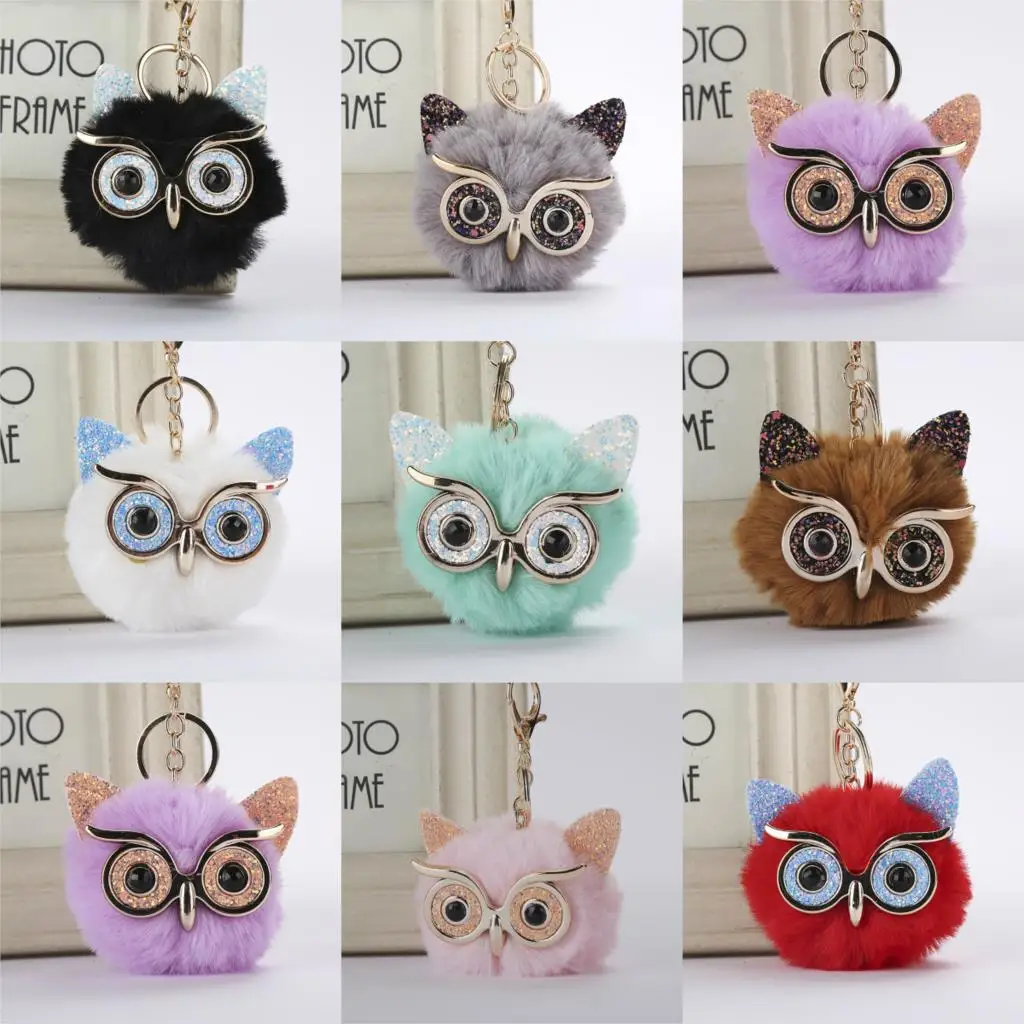 

Plush Sequin Owl Fur Ball Keychain Soft Toys Cute Fashion Kids Plush Dolls Pompom Fluffy Charm Baby For Girls Women Gift