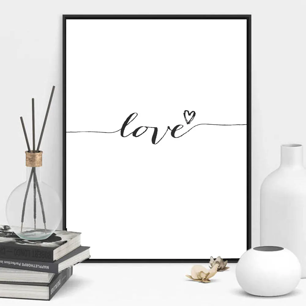 Cinta Tanda Kata Art Poster Cetakan Kanvas Seni Hitam Putih