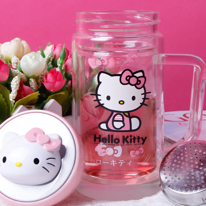 Милая бутылка для питья hello kitty, прозрачная чашка для воды, молока, Kawaii, чашка для чая, для заварки чая, фруктовый заварочный фильтр для путешествий и кофе