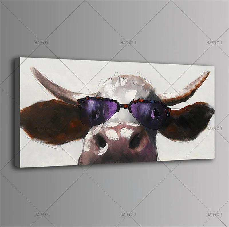 Hand-Painted-Cartoon-Animal-Oil-Painting-Cool-Glass-Cow-Modern-Abstract-Animal-Cow-Oil-Painting-Canvas