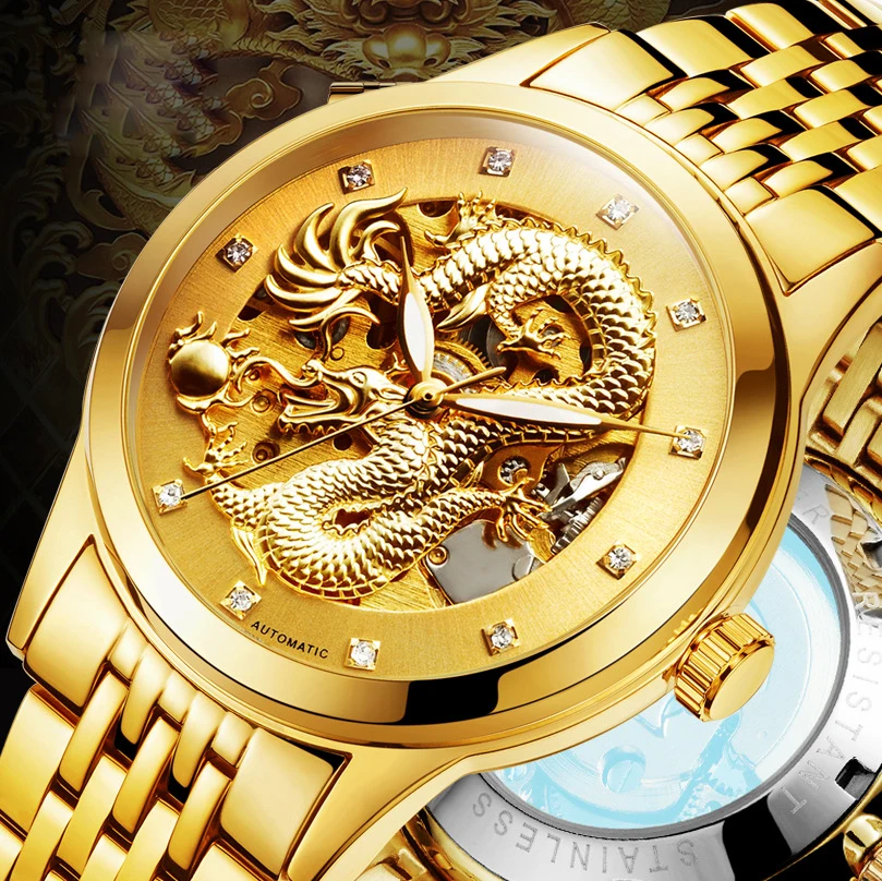 Luxury Chinese Dragon 3D Carving Gold Skeleton Mechanical Automatic Self-Wind Watch Men Steel Luminous Men Wrist Watches men luxury brand casual gold full steel band skeleton automatic self wind mechanical hand wind goden relogio for man wrist watch
