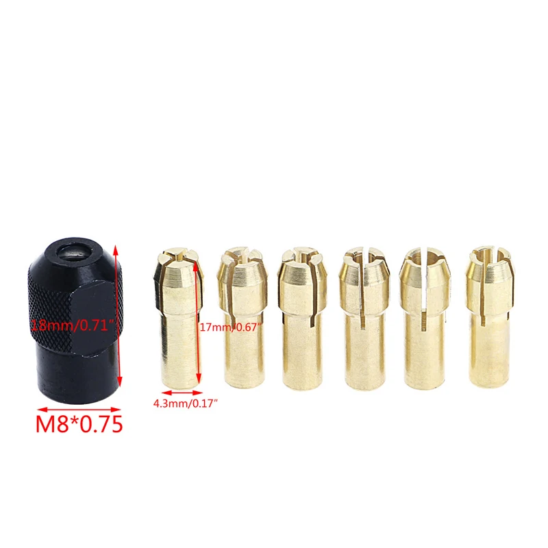 7Pcs Brass Collet 1.0/1.6/2.0/2.4/3.0/3.2 + Check M8*0.75 Fits Rotary Tools