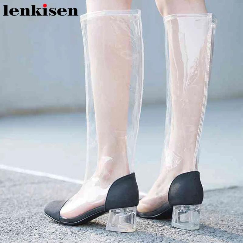 

Lenkisen genuine leather gladiator transparent round toe fashion rain boots thick heels dating concise women summer boots L99